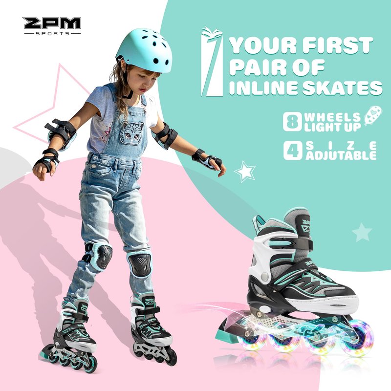 2PM SPORTS Cytia Pink Girls Adjustable Illuminating Inline Skates with Light up Wheels, Fun Flashing Beginner Roller Skates for Kids (Mint, Medium - Big Kid (13C-3 US))