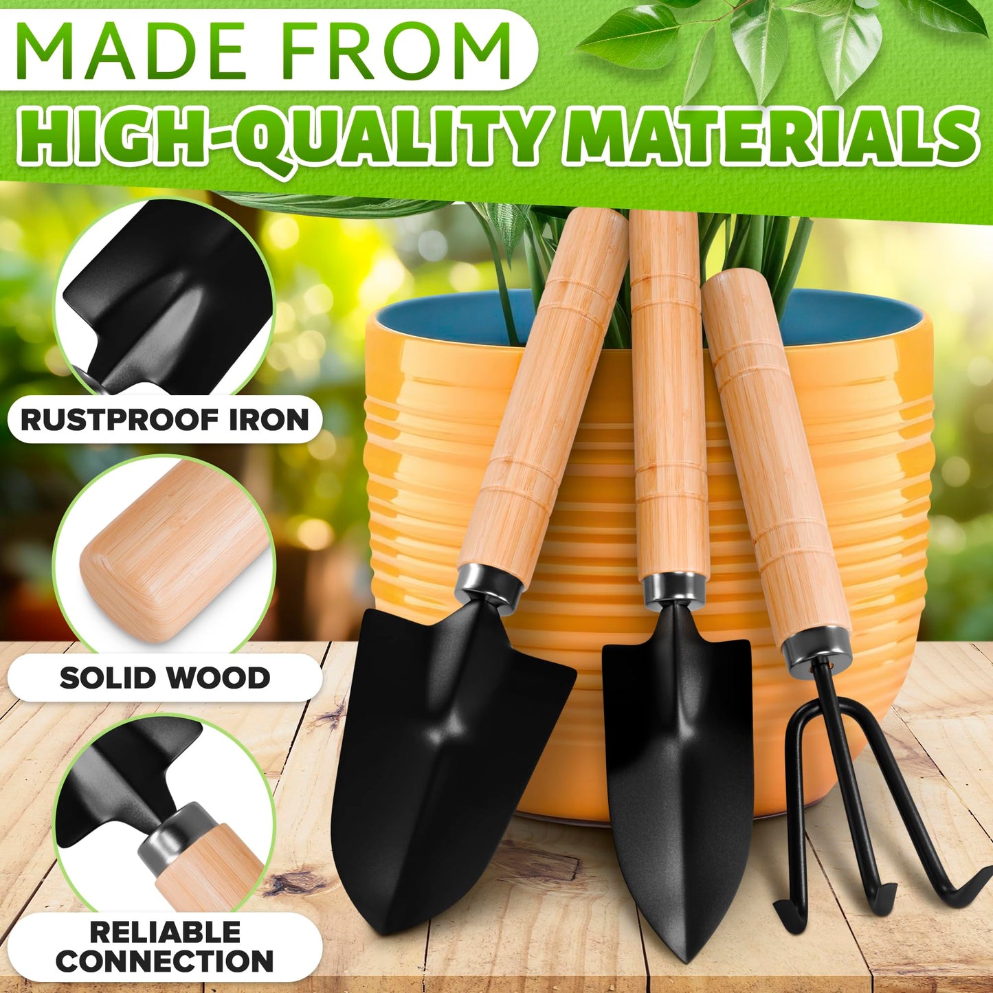 3 Pcs Small Garden Tools for Gardening – Planting Tools Set with Small Garden Shovel Hand, Ergonomic Hand Rake, Rustproof & Solid Wood Handle – Shovels for Digging & Indoor Plant Care