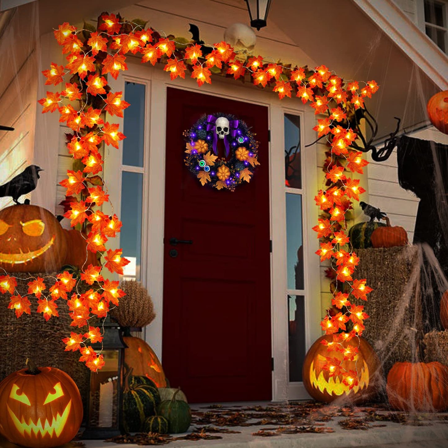 Timer&3 Pack-30Ft Fall Garland Halloween Fall Decorations for Home, 60LED Thanksgiving Lights Patented Realistic Maples Leaf Garland Battery Operated Waterproof Indoor Outdoor Autumn Holiday Christmas