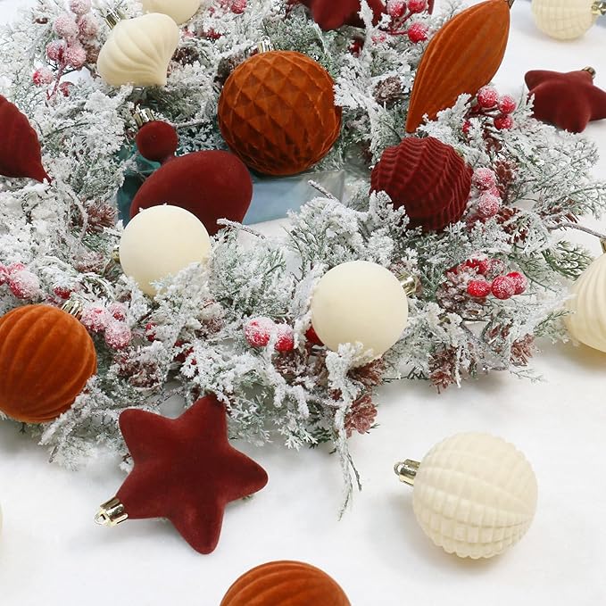 SY Super Bang 30PCS Velvet Christmas Ornaments Set, Flocked Shatterproof Assorted Hanging Xmas Tree Ball Decorations, for Home Party Holiday Decor, Coffee, Beige