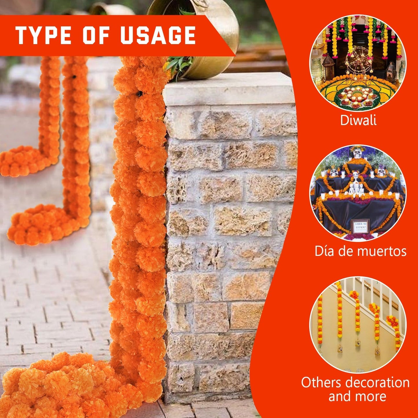 GOMALL 5Pcs Marigold Garland for Decoration,5 Feet Artificial Marigold Flowers Diwali Decorations for Home,Orange Artificial Marigold Heads for Diwali Party,Indian Weddings,Halloween,Wreath