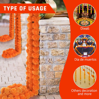 GOMALL 5Pcs Marigold Garland for Decoration,5 Feet Artificial Marigold Flowers Diwali Decorations for Home,Orange Artificial Marigold Heads for Diwali Party,Indian Weddings,Halloween,Wreath