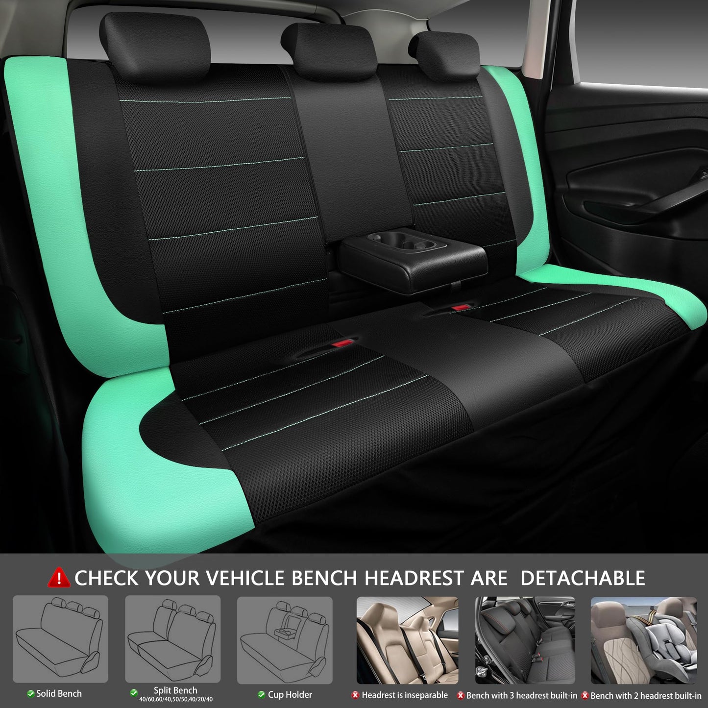 CAR PASS Leather Seat Covers, Breathable Universal Car Seat Cover Full Set for Cute Women Girly,Super 5mm Composite Sponge Inside,Airbag Compatible Fits Most Auto,SUVs,Trucks,Vans(Full Set,Black&Mint)