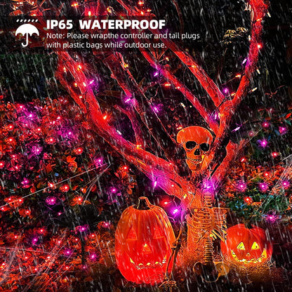 VTECHOLOGY 100 LED Motion Sensor Orange & Purple Halloween String Lights,33ft USB & Battery Operated Halloween Light String with Spooky Music for Halloween Holiday Indoor Decor