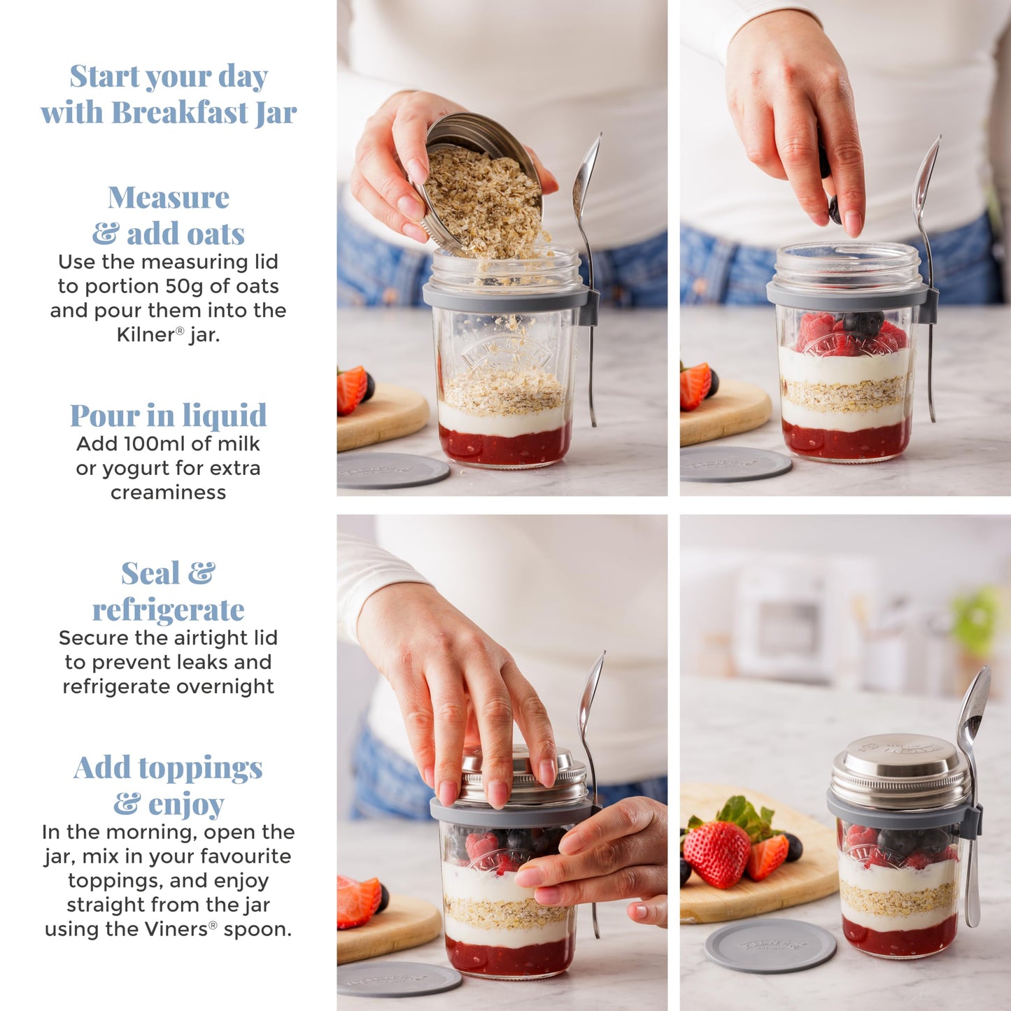Kilner 0.35 Litre Breakfast Jar Set with Stainless Steel Spoon and Measuring Lid Perfect for Overnight Oats, Yogurt, Smoothie Bowls, Granola, Chia Pudding