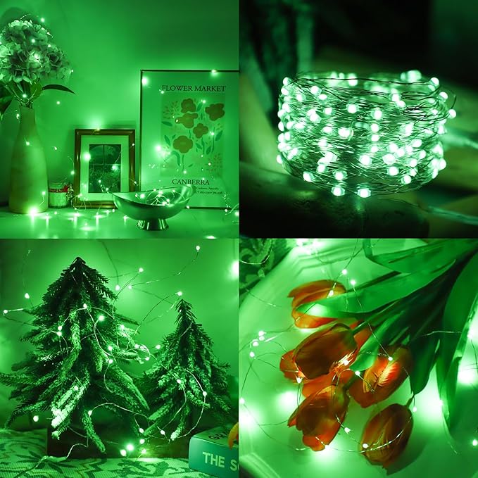 Mandiq 4 Pack Fairy Lights Battery Operated, String Lights 10ft 30 LEDs, Flashing and Constant Light Mode, Silver Wire Mini Lights for Festival, Christmas Decoration, Green
