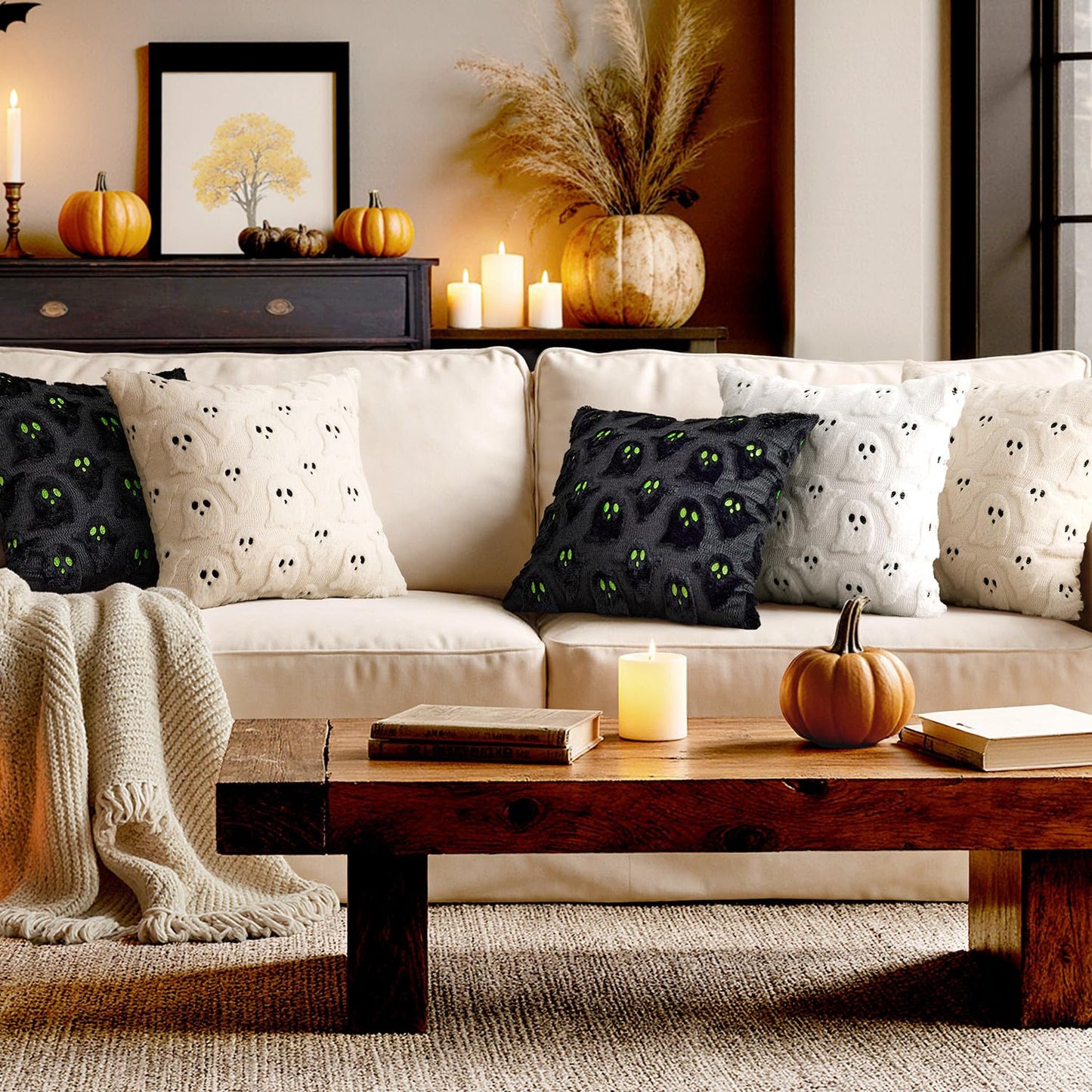 MIULEE Halloween Pillow Covers Cute Ghost Spooky Throw Pillows Set of 2 Soft Plush Faux Fur Decorative Cushion Covers for Couch Sofa Bed Porch Living Room Halloween Decor 18x18 inch Black