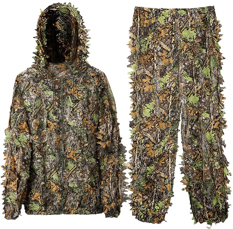 Monfasye Ghillie Suit, 3D Leafy Camo Hunting Suits Breathable Woodland Gillies Costume Jungle Clothing