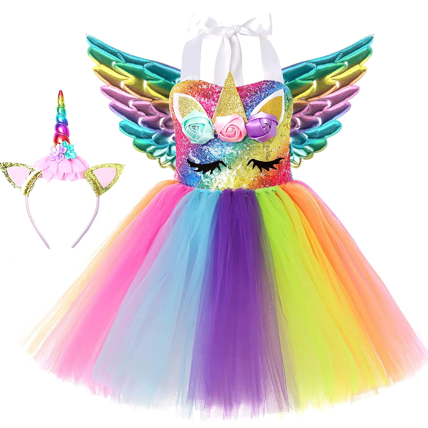 Soyoekbt Girls Unicorn Costume LED Light Up Unicorn Princess Dress Birthday Party Outfit Halloween Tutu Dress with Headband Rainbow Sequin+Rainbow Led 5-6Years