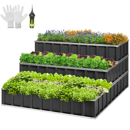 VIVOSUN 3-Tier Metal Raised Garden Bed, 46" x 46" x 24" Galvanized Steel Metal Outdoor Planter Box with Gloves and Scissors to Grow Flowers, Vegetables and Herbs for Outdoor Gardening, Dark Gray