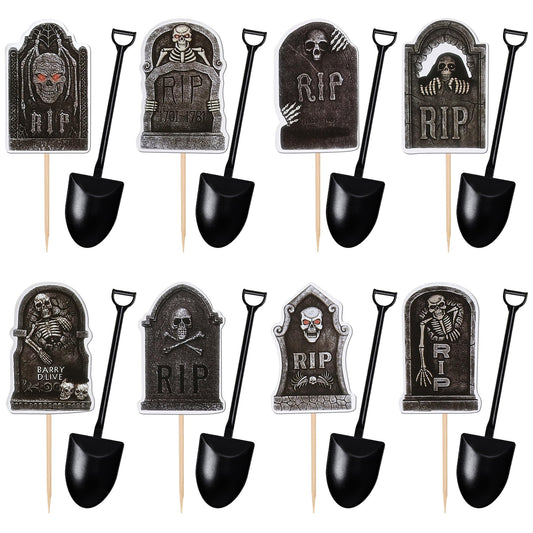 48 PCS Halloween Cupcake Toppers Tombstone Cupcake Picks Novelty Mini Shovel Spoons Horrible Gravestone Skeleton Cupcake Decorations for Halloween Theme Birthday Party Cake Decorations Supplies