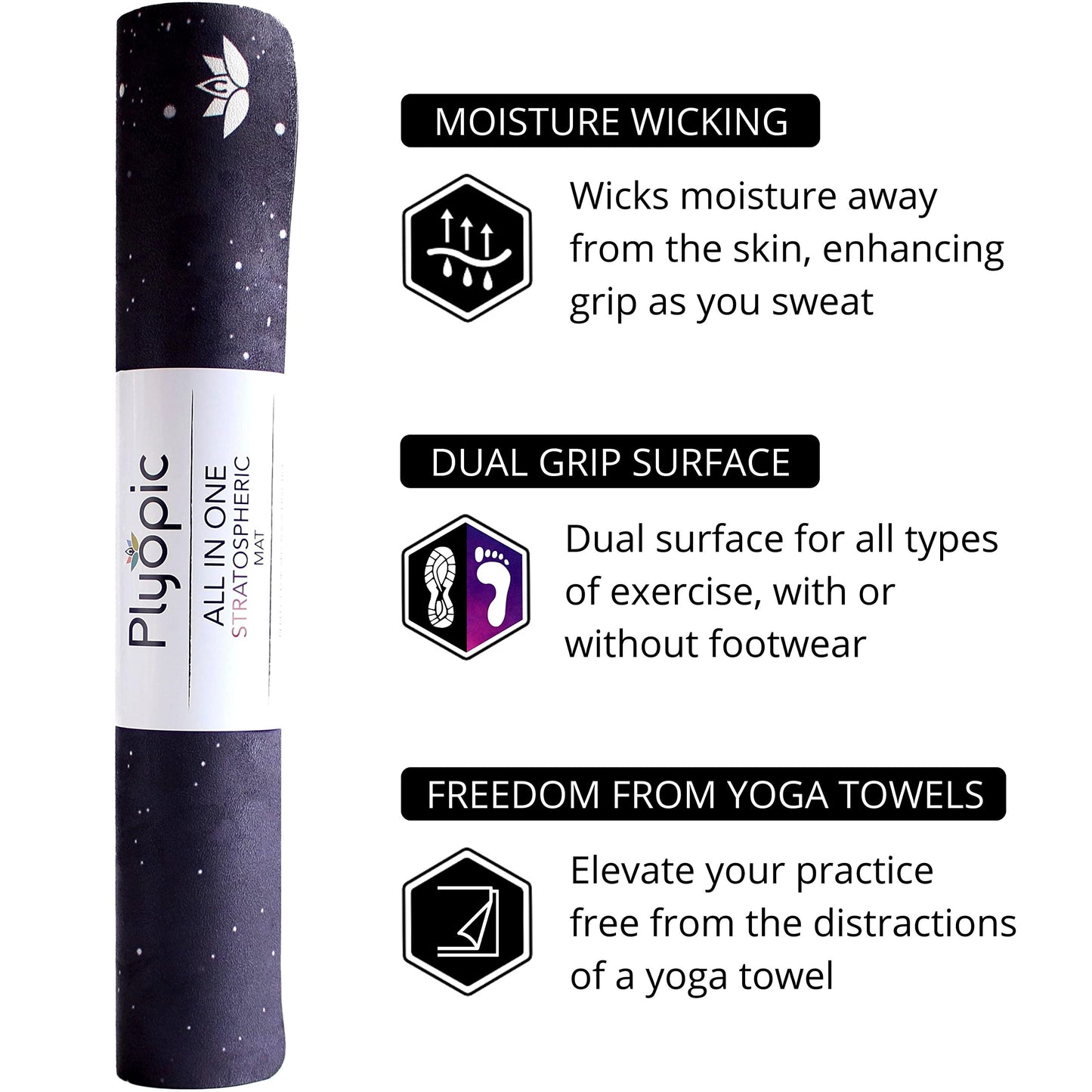 Plyopic. All In One Yoga Mat | Luxury Sweat-Grip Mat/Towel Combo | Ideal for Yoga, Hot Yoga, Bikram, Pilates, Workout & Exercise | Eco-Friendly Natural Rubber