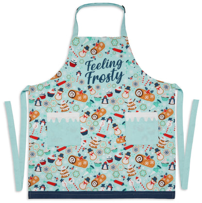 Lavley Feeling Frosty Holiday Themed Cotton Apron for Women, One Size Fits All, Christmas Baking Accessory with Pockets