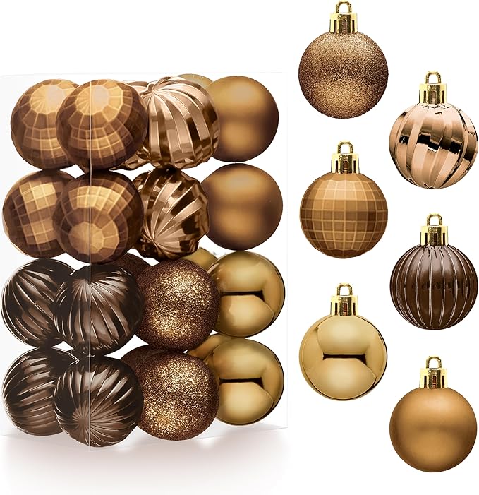 JOIEDOMI 24 Pcs Brown Christmas Balls Ornaments Set, 2.36" Christmas Tree Ornaments Shatterproof, Xmas Balls Hanging Decorations for Tree Wreath Garland Holiday Wedding Indoor Party Decor