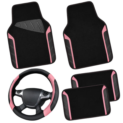 CAR PASS Microfiber Steering Wheel Cover and Waterproof Car Floor Mats,Leather Universal Car Combo Fit for 95% Truck,SUV,Cars,14.5-15inch Sporty Anti-Slip Safety Comfortable Design(Black and Pink)