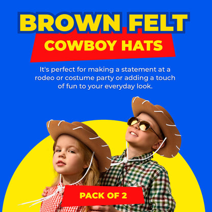 Brown Felt Kids Cowboy Hat - (pack Of 2) Western-themed Children's Cosplay Costume Accessory Prop For Party Favor Supplies, Toddler Cowboy Hat For Playing Dress-up Costume For Young Boys And Girls
