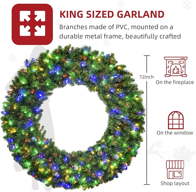 HOYECHI 72in Pre-Lit Christmas Wreath - with 360 Colorful LED Lights, 1160 PVC Tips, Timer, Remote & Hook, Large Outdoor Holiday Decor for Front Door, Wall, Garage, Power Plug-in