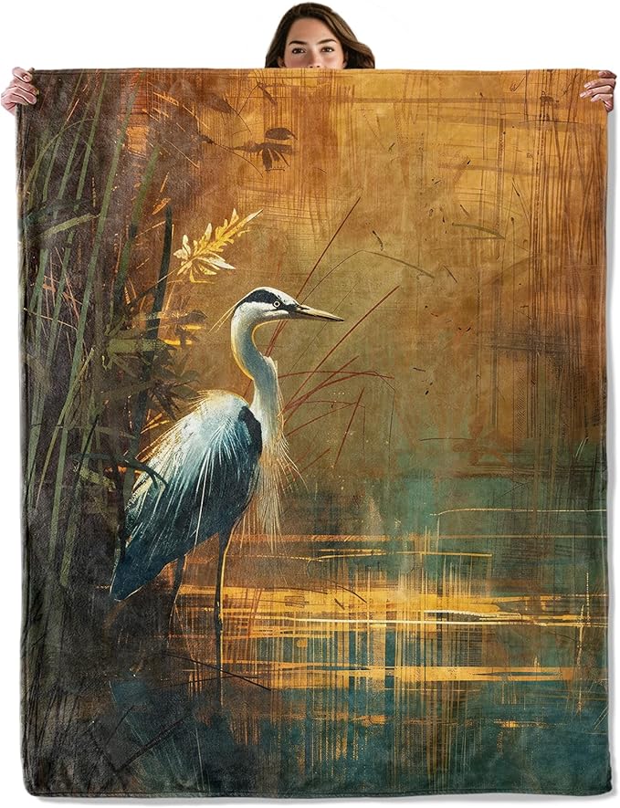 Blue Heron in Sunset Wetlands Throw Blanket for Boys Girls Kids Adults Women, Fuzzy Warm Soft Cozy Flannel Blankets Gifts for Bedroom, Couch, Travel, Home Decor 40x50 in