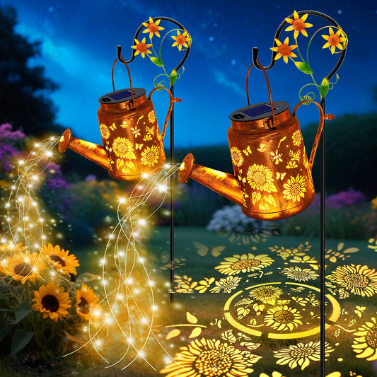 VOOKRY 2 Pack Sunflower Metal Solar Watering Can Lights, Solar Lights Outdoor Waterproof, Gifts for Women Mom Grandma Birthday, Hanging Lanterns Decorative Garden Decor for Outside Yard Patio Lawn