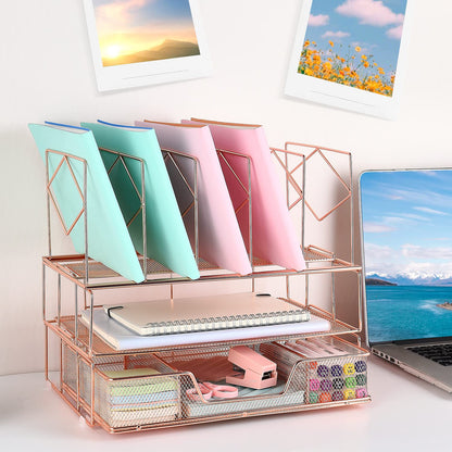 gianotter Desk Organizers and Accessories, Office Supplies Desk Organizer with Sliding Drawer, Double Tray and 5 Upright Section File Sorter Organizer (Rose Gold)