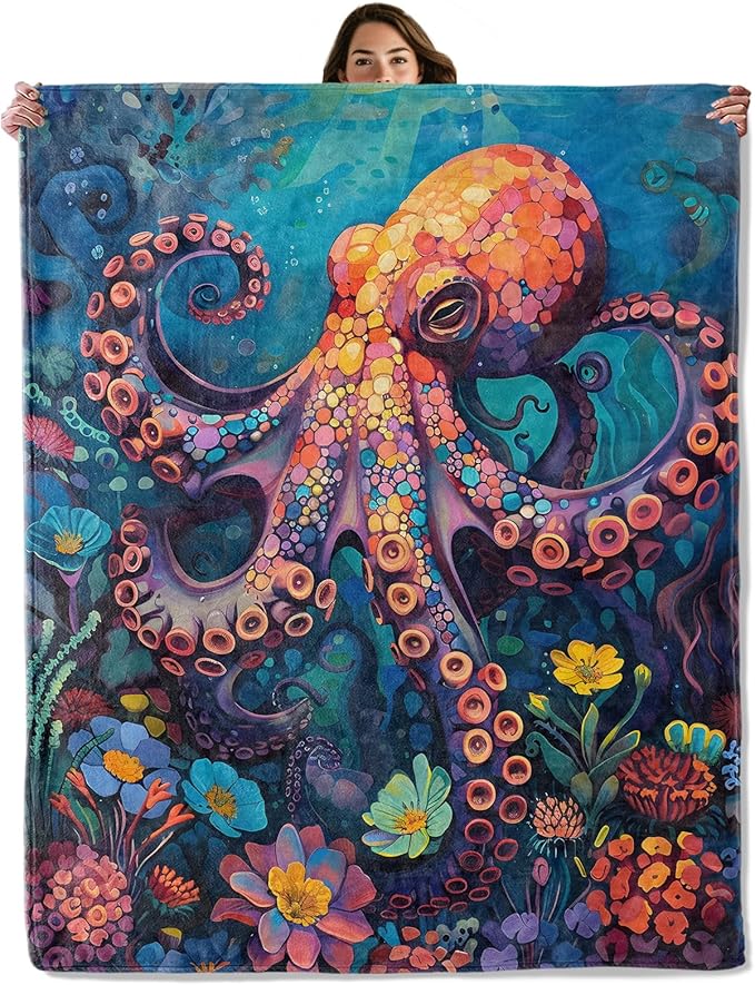 Underwater Octopus Throw Blanket for Boys Girls Kids Adults Women, Fuzzy Warm Soft Cozy Flannel Blankets Gifts for Bedroom, Couch, Travel, Home Decor 60x80 in