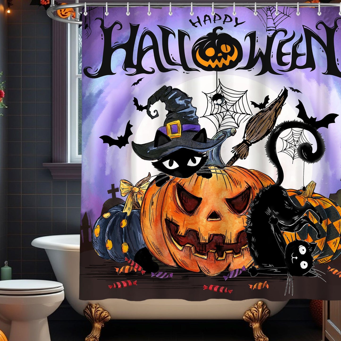 Bonsai Tree Halloween Shower Curtain Set, Halloween Bathroom Decor Set with Shower Curtain and Rugs Accessories, Spooky Curtains for Bathroom Decor Sets 4 Pcs