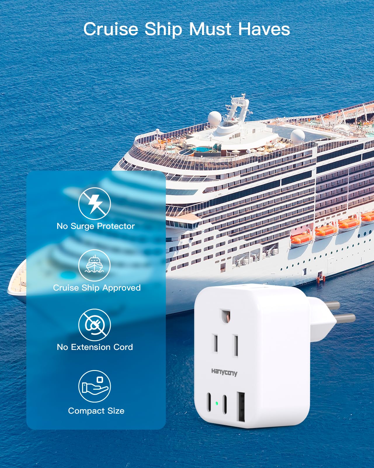 HANYCONY Brazil Power Adapter, Type N Plug Adapter with 2 Outlets 3 USB Ports (2 USB C), Travel Adapter for US to Brazil Brazilian Brasil