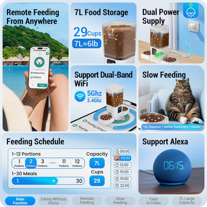 Frienhund Automatic Cat Feeder with Slow Feed for 2 Cats: 5G WiFi Automatic Dog Feeder with 7L Large Food Storage, Cat Food Dispenser with Alexa for Multiple Pets, Detachable for Easy Cleaning -29 Cup