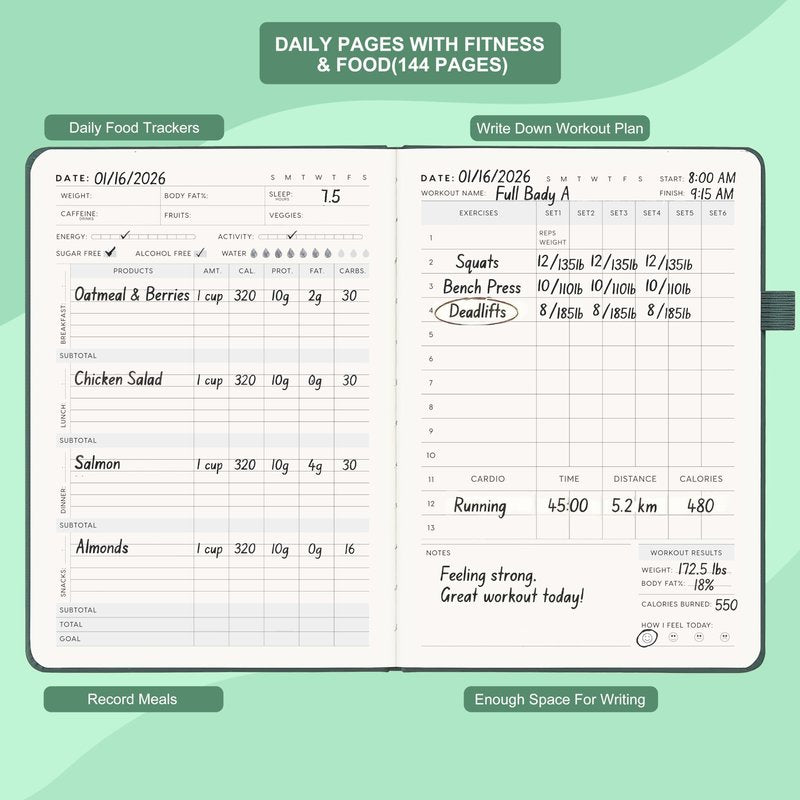 &And Per Se Workout and Food Journal – Fitness Journal with Daily Diet Tracker & Gym Exercise Log Book for Men & Women – Undated, A5 Size, Leather Hardcover (Forest Green)