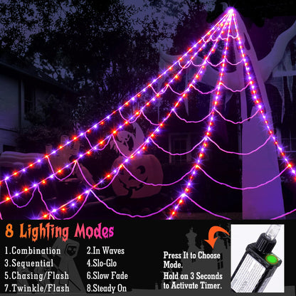 Halloween Spider Web Lights Decoration 250 LED Light up Spider Webs Halloween Decorations Outdoor with 59" Large Spider & 3.53 oz Stretch Cobweb 16.4 Ft Giant Web with 8 Modes (Purple & Orange)