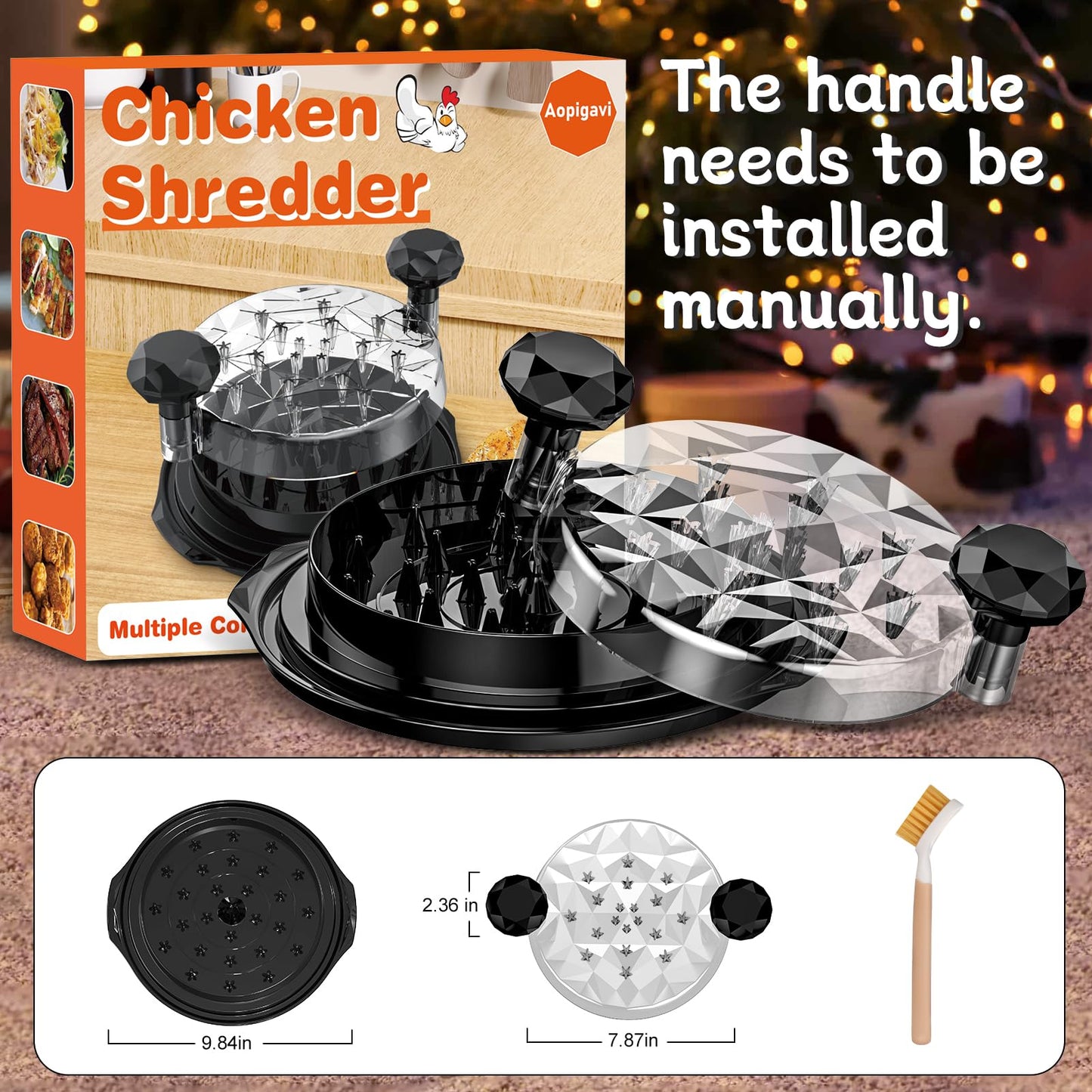 Chicken Shredder with Brush Chicken Shredder Tool Twist Stable Anti-Slip BPA Free Meat Shredder Tool Twist Ergonomic Handle Meat Grinder Dishwasher-safe Transparent Lid Black