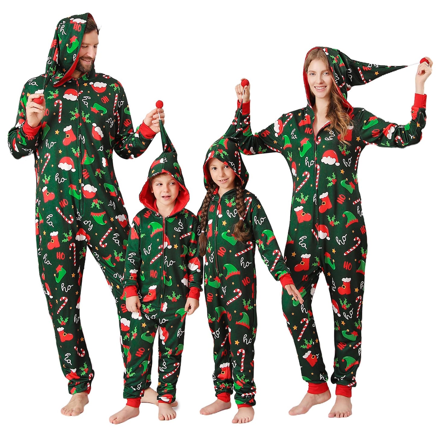 ANGELGGH Family Matching Christmas Onesie Pajamas, Vacation Cute Printed One Piece Pajamas, Xmas Hooded Holiday Sleepwear (Green Elf Hat, 8-10)