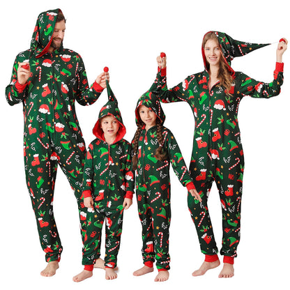 ANGELGGH Family Matching Christmas Onesie Pajamas, Vacation Cute Printed One Piece Pajamas, Xmas Hooded Holiday Sleepwear (Green Elf Hat, 8-10)