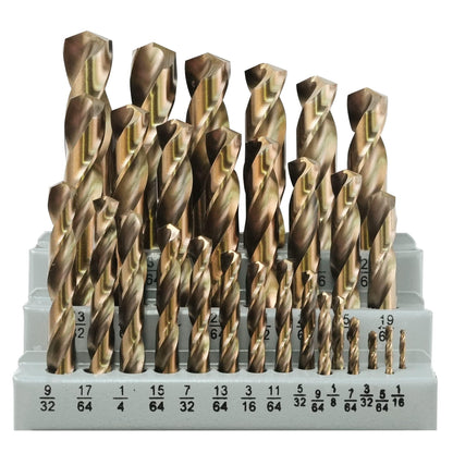 KENDO 29PCS Cobalt Drill Bit Set (1/16''-1/2''), M35 High Speed Steel, Twist Jobber Length for Hardened Metal, Stainless Steel, Cast Iron, Wood and Plastics, with Metal Index Storage Box
