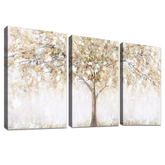 3 Panels Wooden Framed Tree Canvas Wall Art Beige Abstract Painting on Canvas Prints Poster Pictures for Living Room Bedroom Bathroom Dinning Room Hallway Home Office Wall Decoration 30x40cm x3pcs