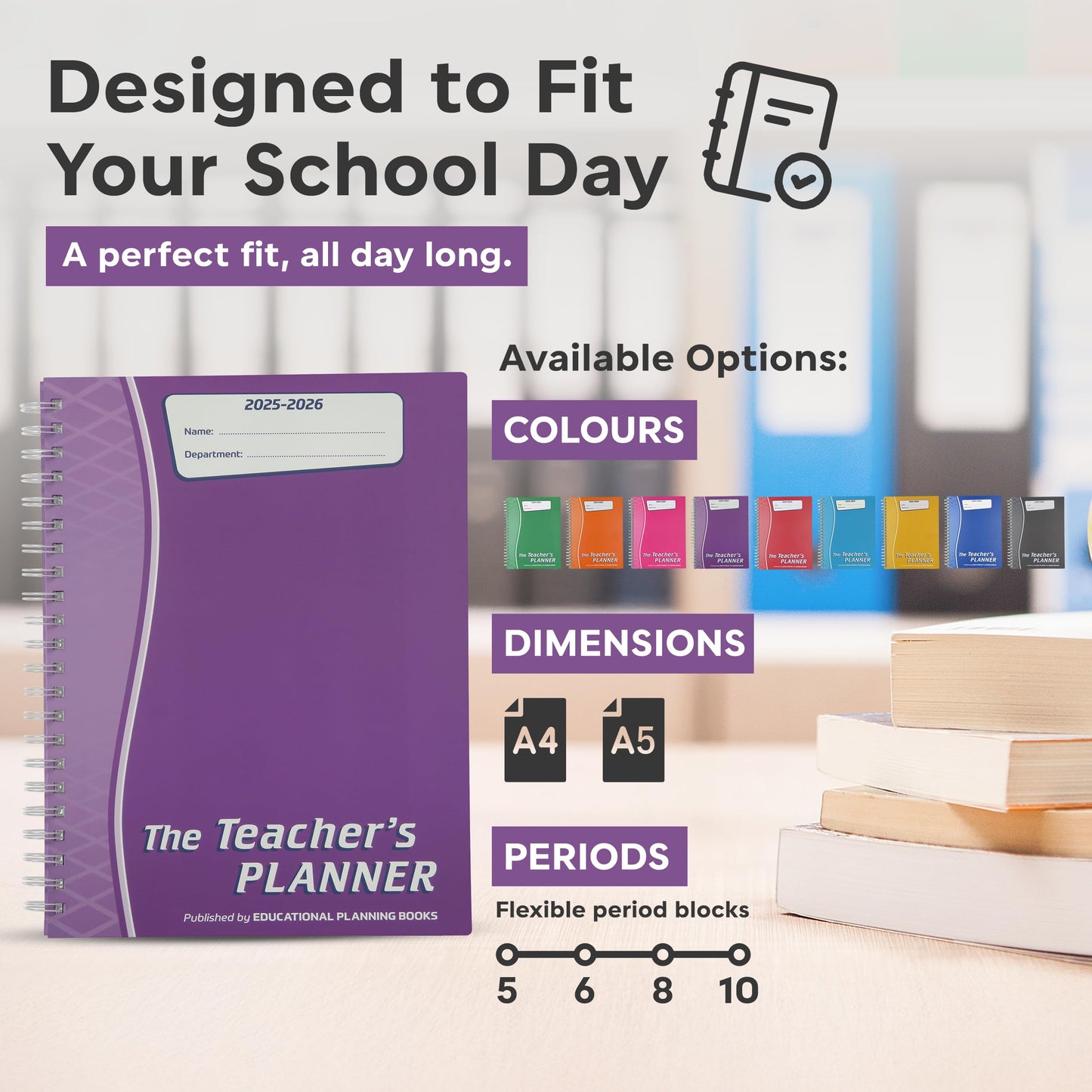 Educational Planning Books - The Teachers Planner 2025-26 & Academic Diary | (A4, 6 Periods) | Page-a-Day & Undated, with Dedicated Pages for Year Planning, Exams, Marking, Contacts - Purple (TP3-P)