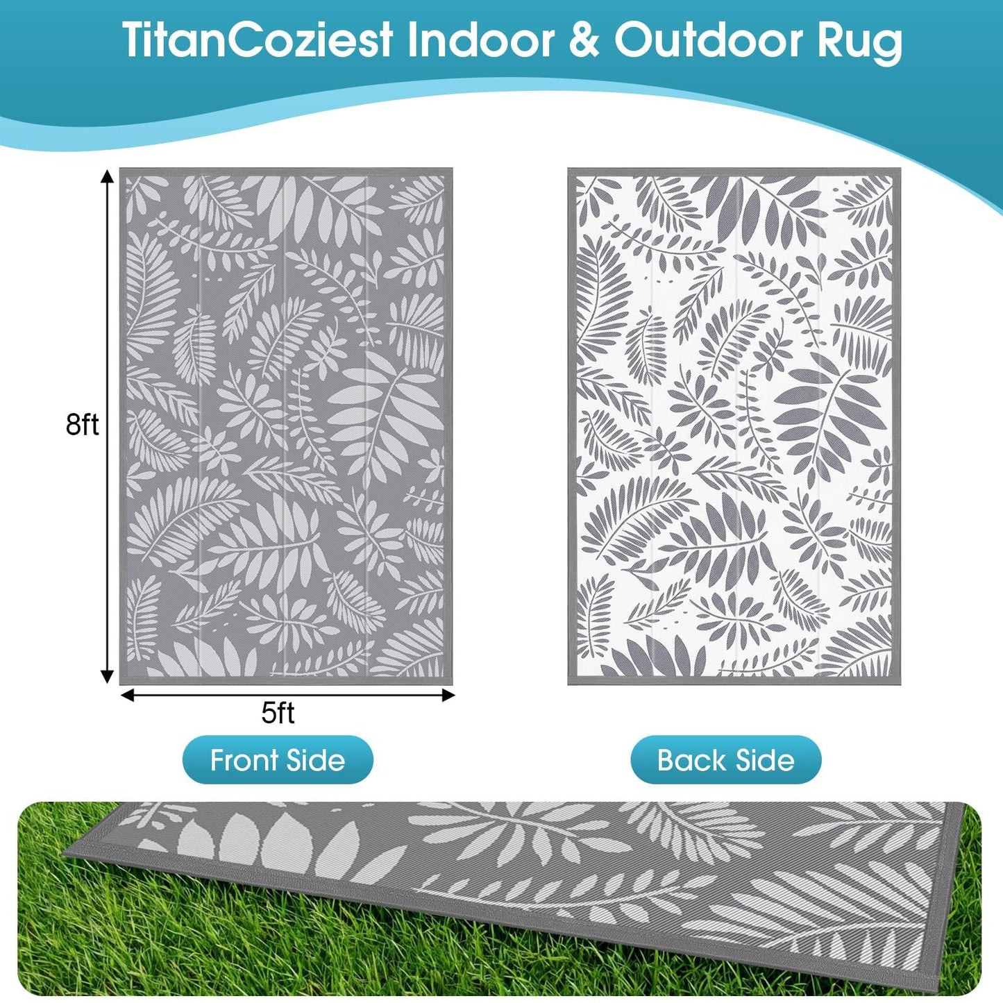 TitanCoziest Outdoor Rug for Patio - 5' x 8', Waterproof, Reversible Outdoor Plastic Straw Rugs with Reinforced Edges, Camping Mat Carpet for RV, Deck, Backyard, Balcony, Picnic, Beach (Leaf Gray)