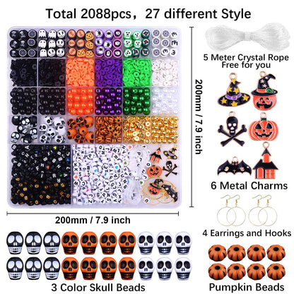 2088pcs Halloween Polymer Clay Beads Bracelet Making kit, 24 Style Cute Fun Beads Skull Pumpkin Beads Charms for Jewelry Necklace Earring Making DIY Accessories for Women Girls