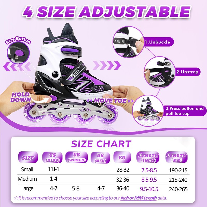 LEJIJIT Adjustable Kids Inline Skates for Girls Boys Children Beginners, Black & Purple Inline Skates with Light Up Wheels for Kids and Youth for Indoor Outdoor Sports (Medium)