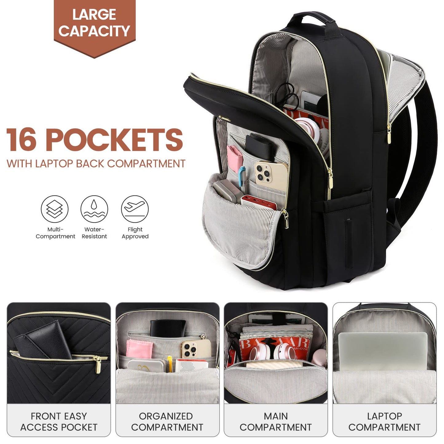 LOVEVOOK Laptop Backpack for Women 15.6 Inch, Womens Backpack for Work Business Travel School College With USB Port, Lightweight Back Pack Computer Laptop Rucksack-Black