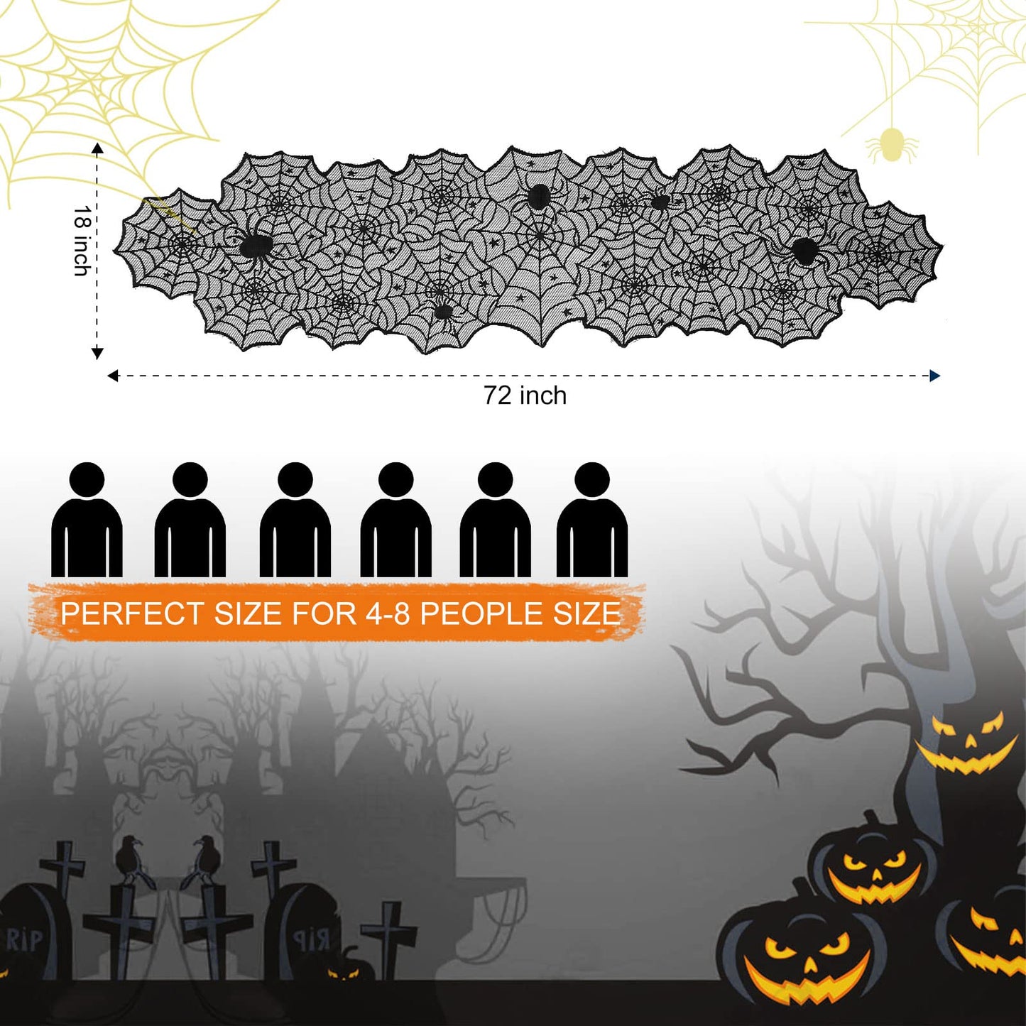 Halloween Table Runner - Black Lace Spider Web Table Runners for Halloween Decor,Vivid Polyester Spider Web Table Runner for Halloween Masquerade Party Dinner Table Decoration 18 X 72 Inch