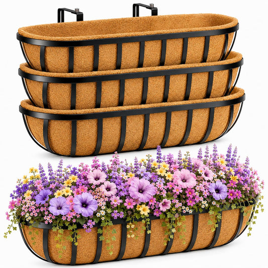 LAWYAMAI 30 Inch 4 PCS Window Box Deck Railing Planter with Coco Liners, Hanging Flower Planters Black Metal Baskets for Indoor Outdoor, Balcony, Porch, Fence, Lawn and Patio