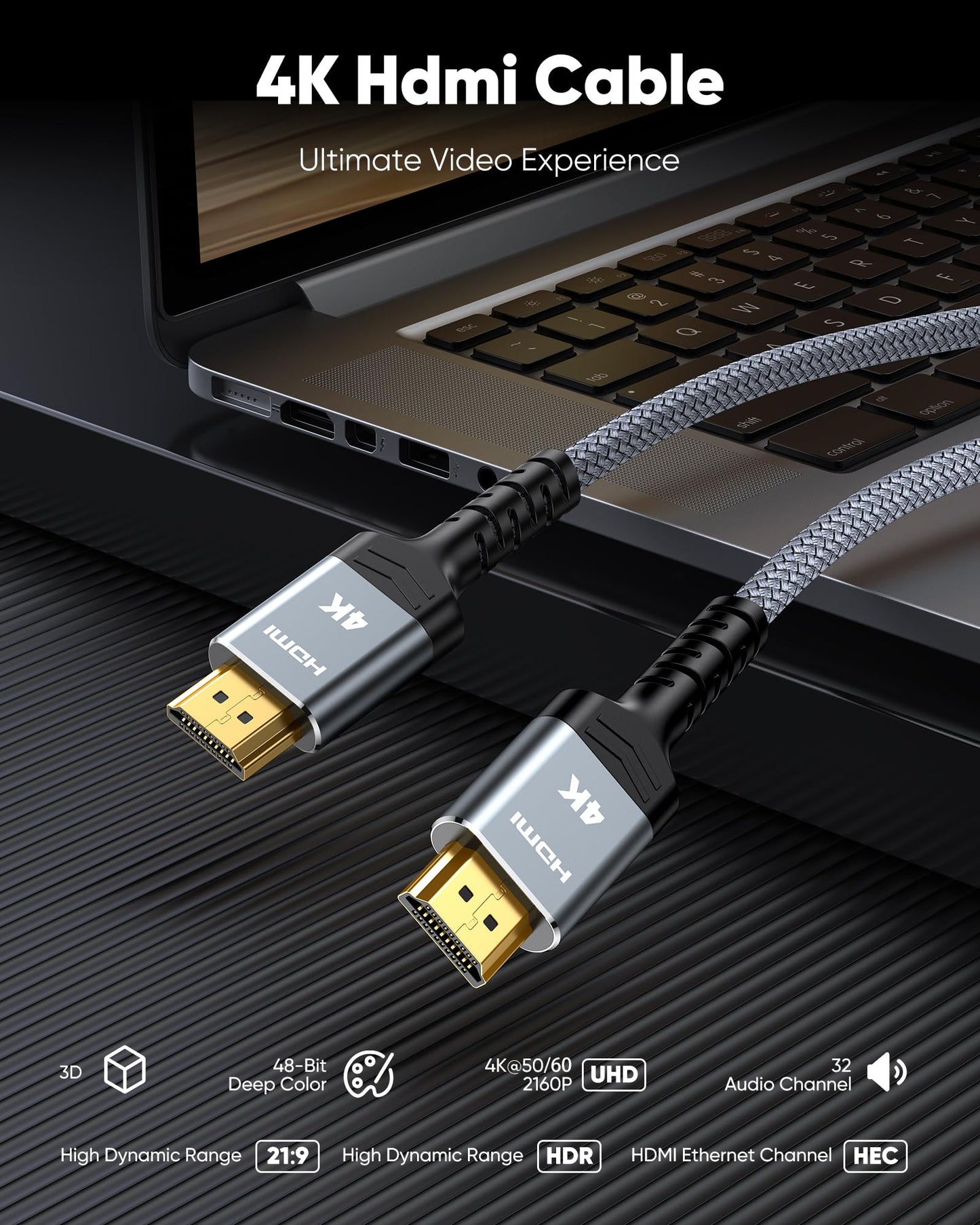 Highwings 4K HDMI Cable 6.6FT/2m | High-Speed HDMI 2.0 Quality Cord 4K@60Hz, Braided Nylon & Gold Connectors, HDR, Ethernet, ARC, 3D, HDCP 2.2, Compatible for PS-5/4/3/ HDTV/Monitor/DVD/Streaming