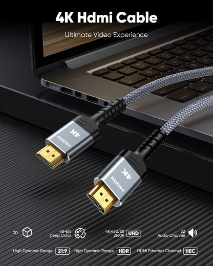 Highwings 4K HDMI Cable 6.6FT/2m | High-Speed HDMI 2.0 Quality Cord 4K@60Hz, Braided Nylon & Gold Connectors, HDR, Ethernet, ARC, 3D, HDCP 2.2, Compatible for PS-5/4/3/ HDTV/Monitor/DVD/Streaming