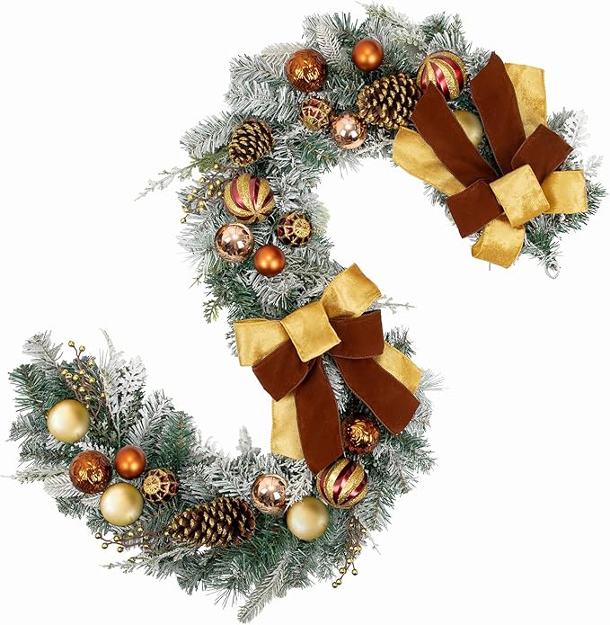 Christmas Garland for Front Door, 6 Foot Artificial Unlit Winter Garland with Pine Cones, Berry Clusters, Bronze Ball Ornaments and Ribbons for Thanksgiving Holiday Christmas Decoration