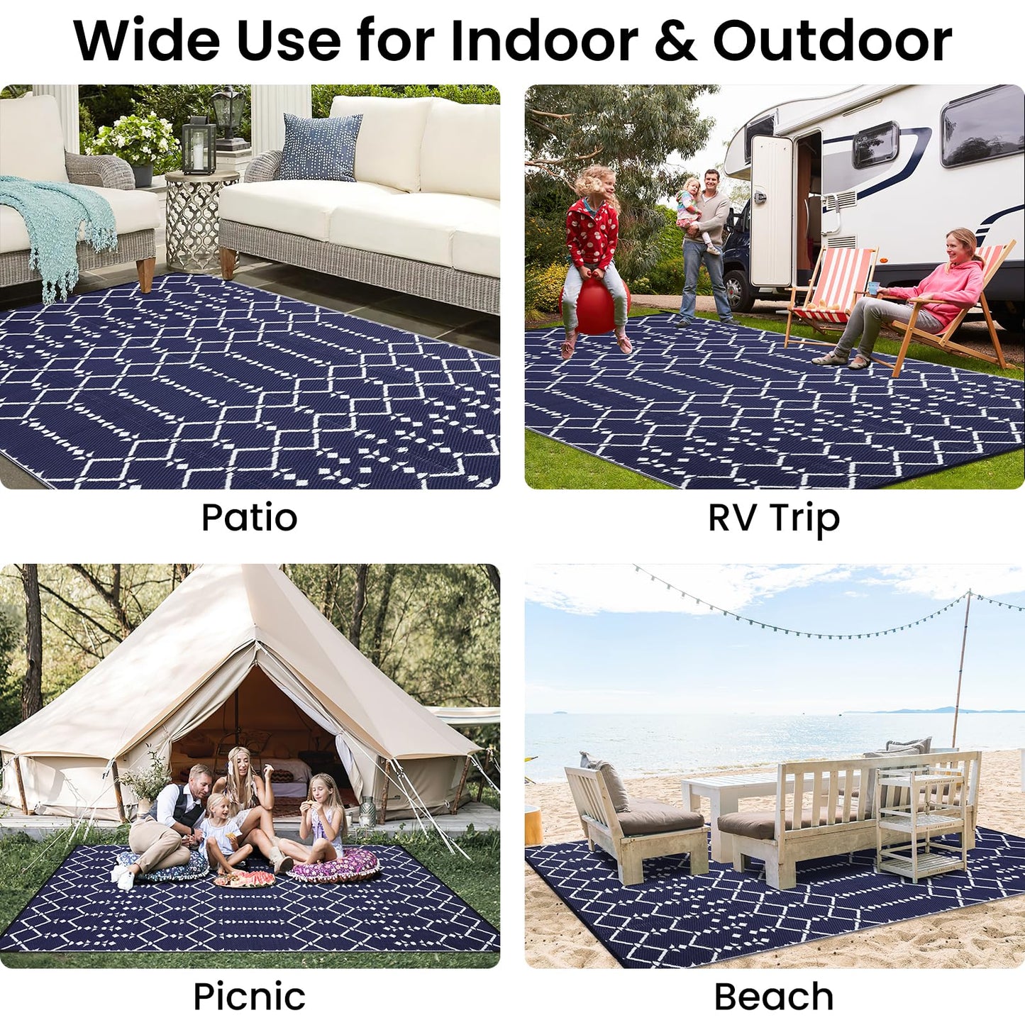 Smiry Outdoor Rug 6x9 ft, Waterproof Reversible Plastic Straw Rugs, Boho Outdoor Area Rug, Outside Floor Mat for Patio, Backyard, Deck, Picnic, Beach, Camping, Navy
