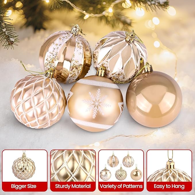 EveryMerry 24-Pack 3.1 Inch Christmas Ornaments Set - Champagne White Ornament Balls with 5 Various Designs with Strings, Sturdy, Kraft Box with Lid for Xmas Tree, Holiday Party & Home Decor