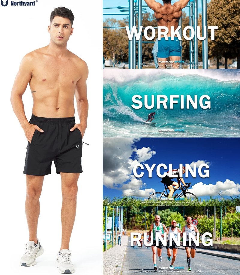 NORTHYARD Men's Athletic Running Shorts Gym Workout 7"/9"/5" Quick Dry Lightweight Sports Basketball Tennis 3 Zipper Pockets Black-5inch XL