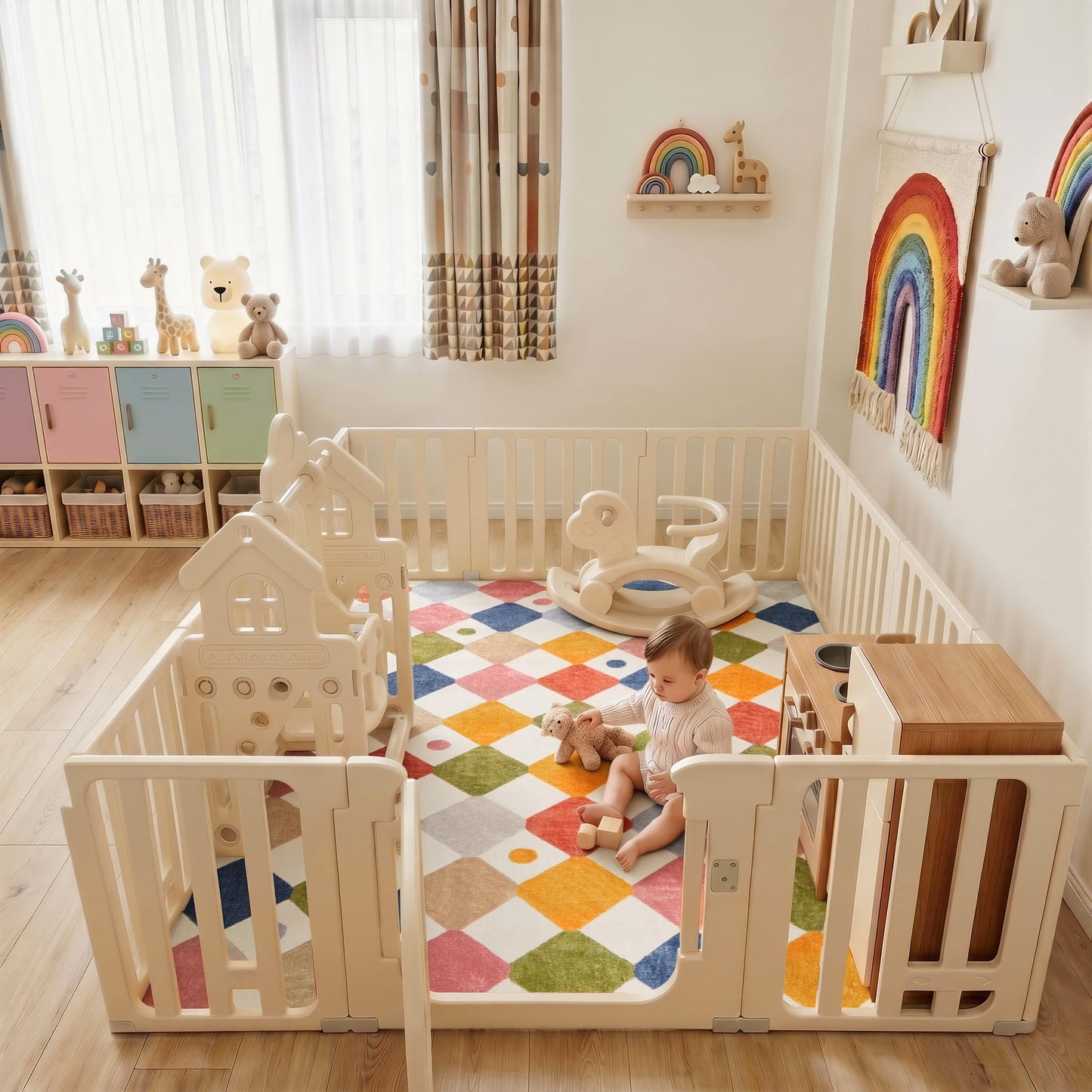 jinchan Macy 5x7 Area Rug for Kids Room Modern Colorful Nursery Rug Checkered Diamond Play Mat Washable Soft Non Slip Carpet for Playroom Classroom Bedroom Dorm Daycare Living Room Circus on Cream