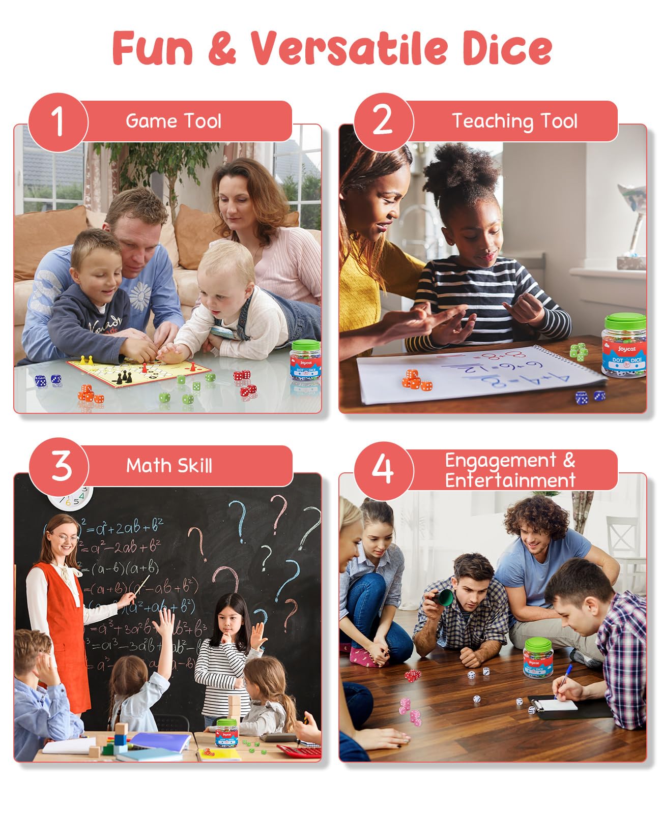 JoyCat 16mm 6 Sided Dice Set Standard Game Dice Kids for Board Games Dice Games Math Dice for Classroom with Storage Bucket (100, Opaque)